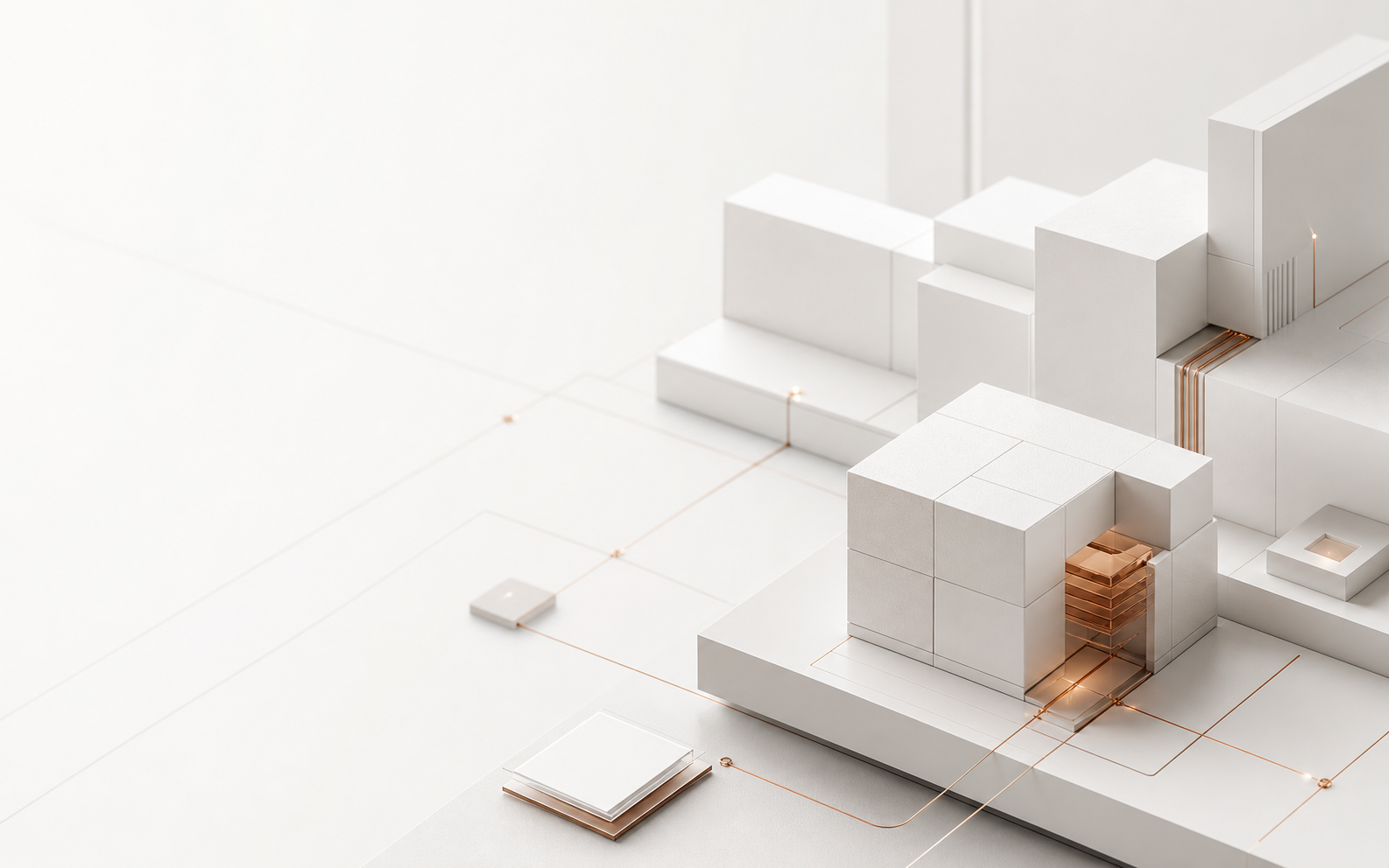 Composition architecturale claire servant de fond au schéma de l'écosystème Kodflow